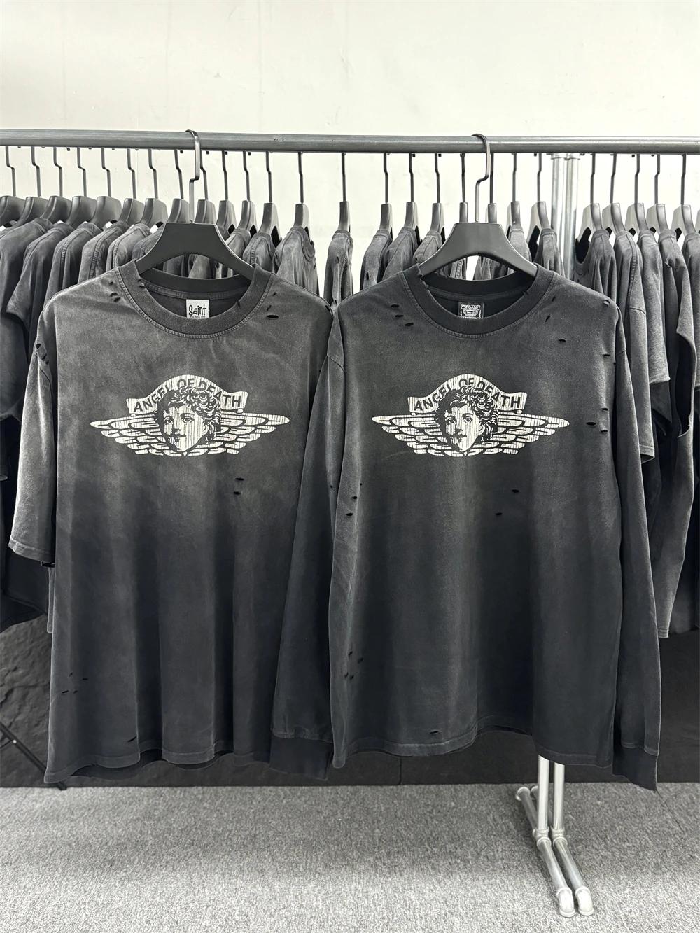 Vintage petit ange trou Saint manches longues lavé t-shirt hommes femmes haute qualité t-shirt hauts