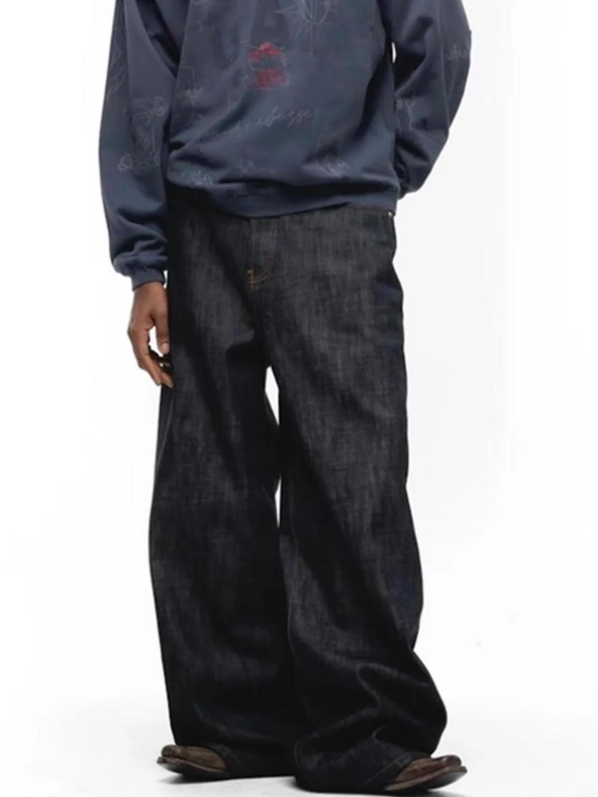 MIJKO noir bleu hommes Baggy jean droit couleur unie Cleanfit ample décontracté Denim pantalon unise