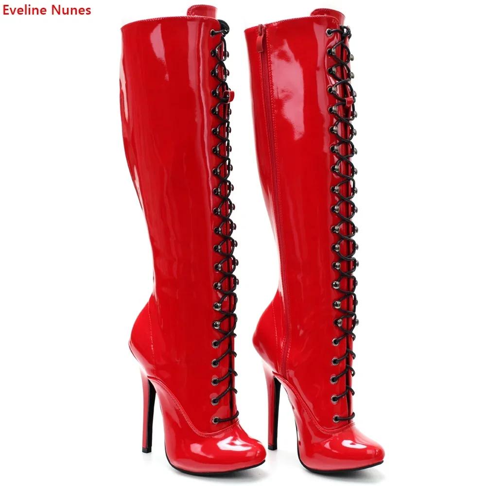 Bottes à lacets Red Queen pour femmes, sangle croisée, rond, Parker, 14 cm, Stiletto, sexy, haute qu