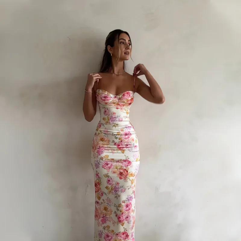 Robe à bretelles florales fendue, Slim, sans manches, Style plage, bretelles Spaghetti, vêtements po