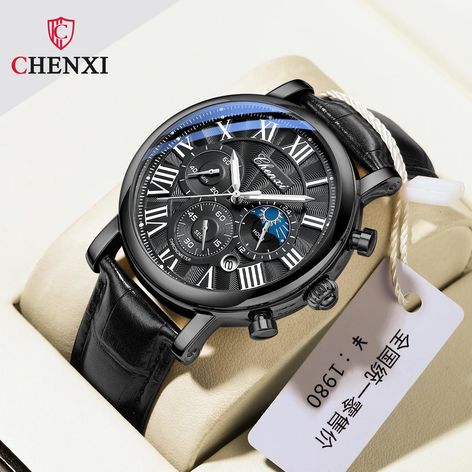 CHENXI 973 multi-fonction affaires Phase de lune Date étanche Rome analogique importé hommes montre-