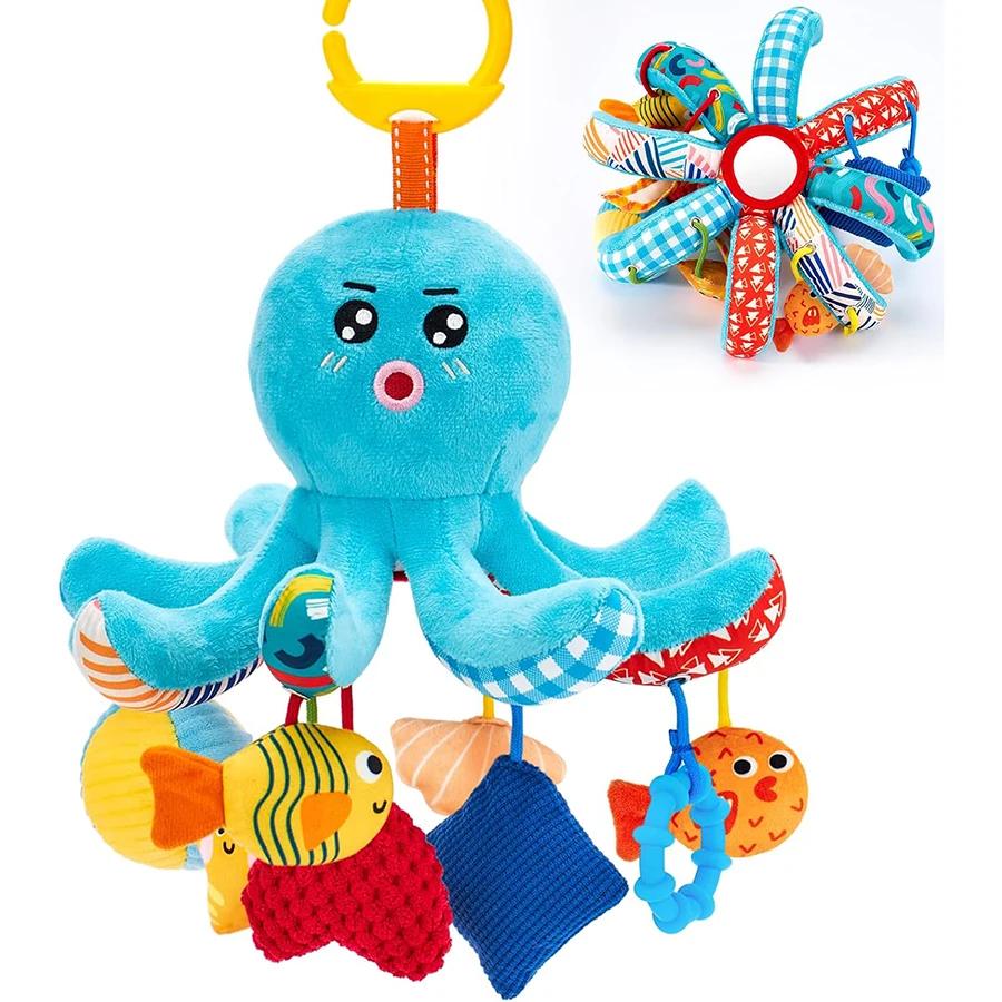 Jouets pour bébé de 0 à 6 mois, jouets de siège auto, jouet poulpe avec cordons de traction, grinçan