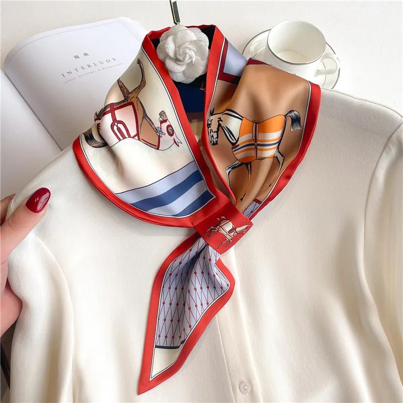 Marque de luxe imprimé cheval foulard maigre écharpe pour femmes Satin rubans de soie Bandana dames 