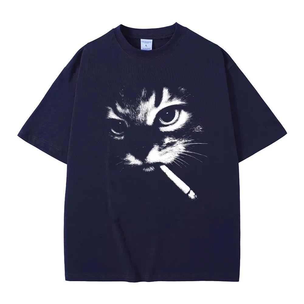Mème drôle fumer chat visage graphique T-shirts hommes femmes décontracté coton Vintage T-shirts hom