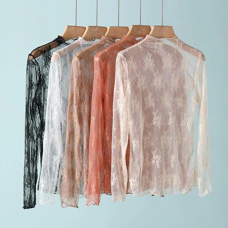 Chemise en dentelle florale pour femmes, manches longues, Sexy, chemises à bascule en maille, col mo