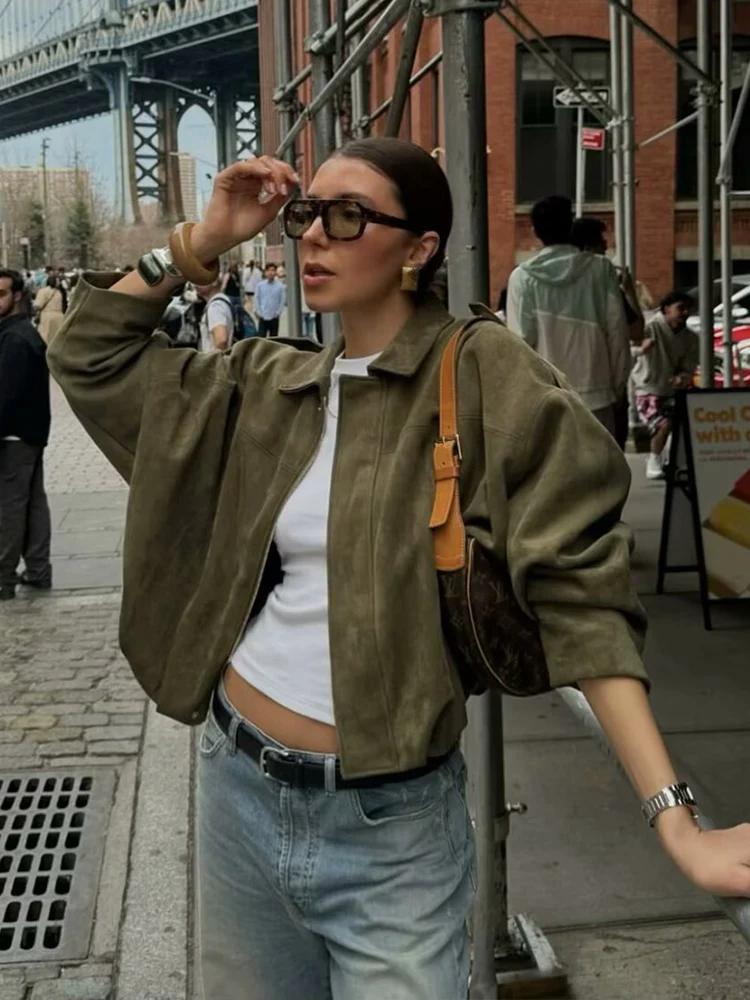 Veste en daim vert pour femmes, nouvelle mode printemps 2026, manches longues, fermeture éclair, sur