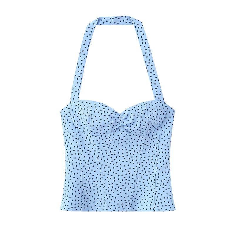 Haut pour femme, nouveau style été 2026, couleur unie, décor à pois, col halter, haut sexy, style va