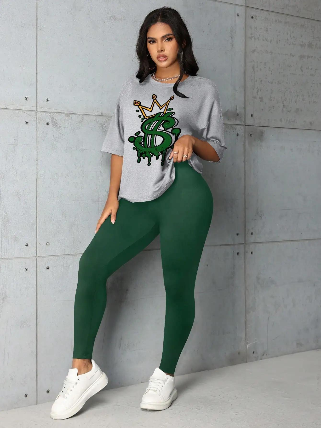 Ensemble 2 pièces imprimé lettre couronne pour femme, t-shirt graphique à col rond, manches courtes,