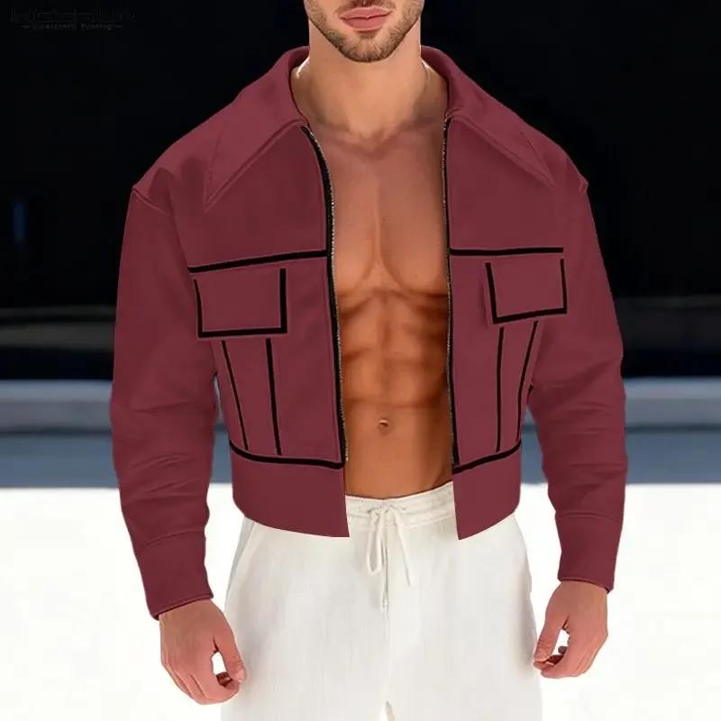 Vestes Homme INCERUN – Blousons Courts à Revers et Manches Longues avec Fermeture Éclair, Style Patc