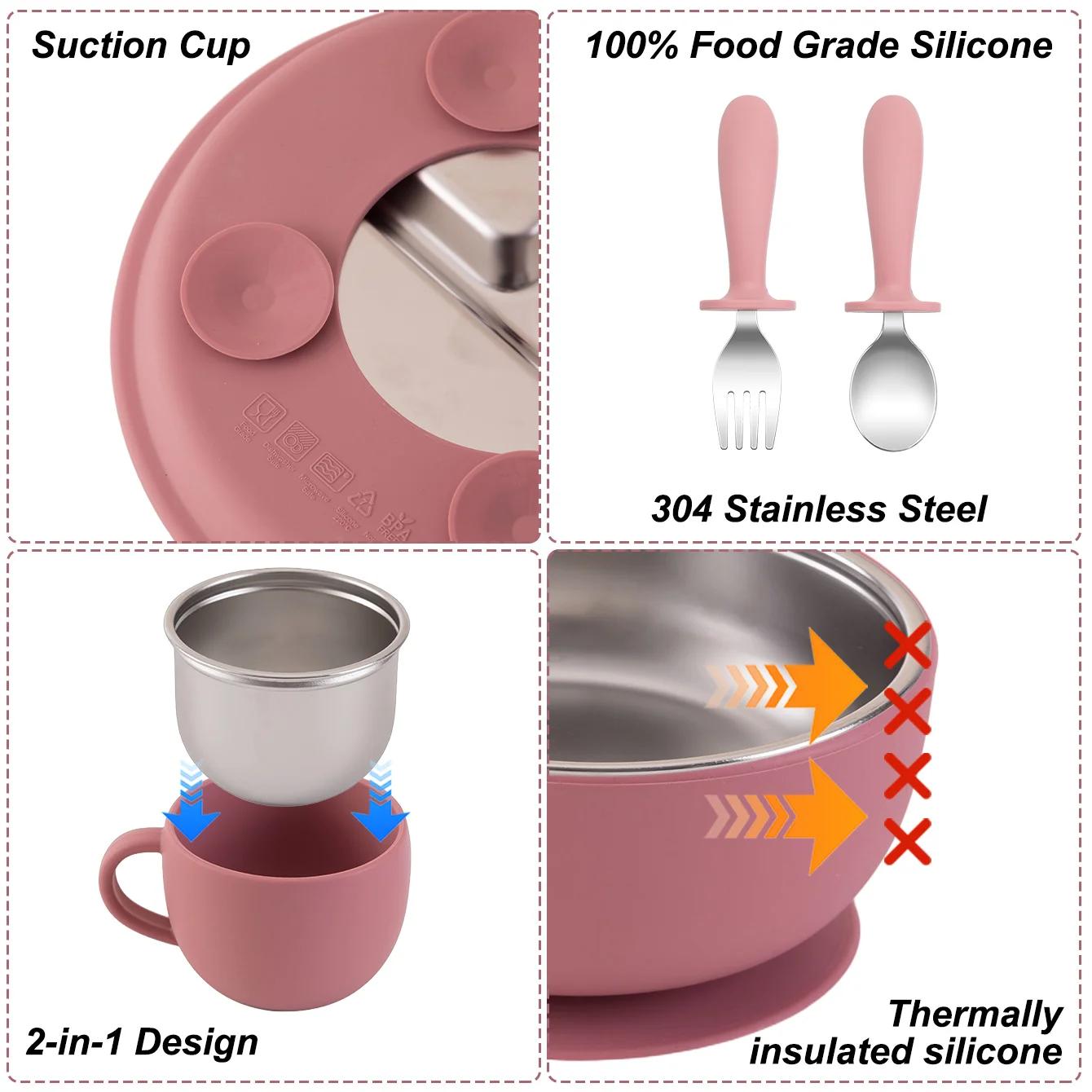 Assiettes à vaisselle en acier inoxydable, ensemble d'alimentation pour bébé avec bol à ventouse en 