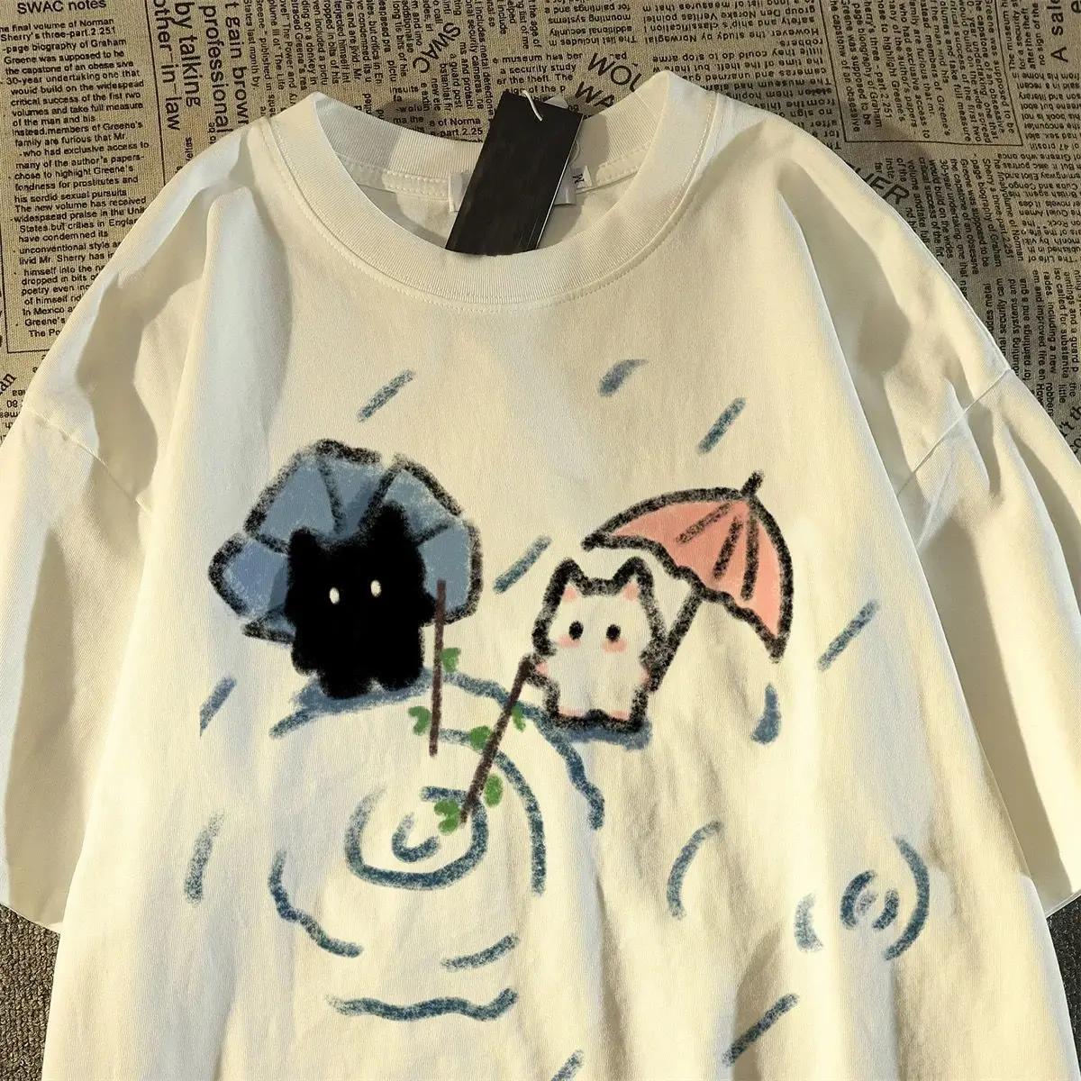 T-shirt à manches courtes avec un joli motif de chat japonais noir et blanc, haut d'été à manches co