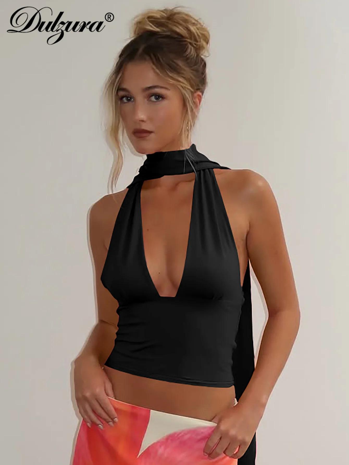 Dulzura col en v sans manches licou dos nu moulante Corp haut solide Sexy élégant Y2K haut fête Club