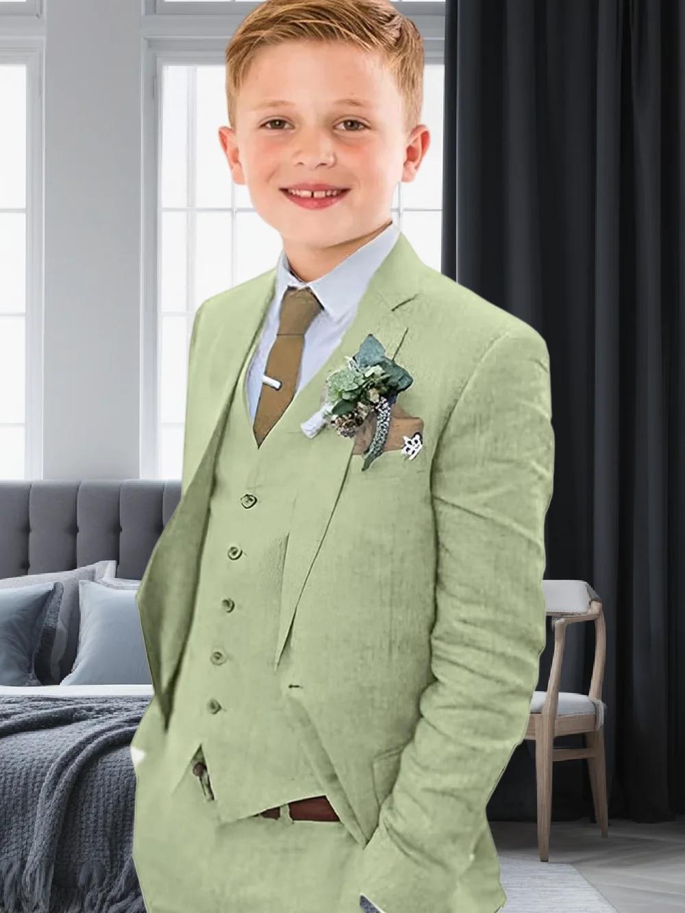 Costume en lin pour garçons, coupe cintrée, 3 pièces, Blazer, gilet, pantalon, été, plage, mariage, 