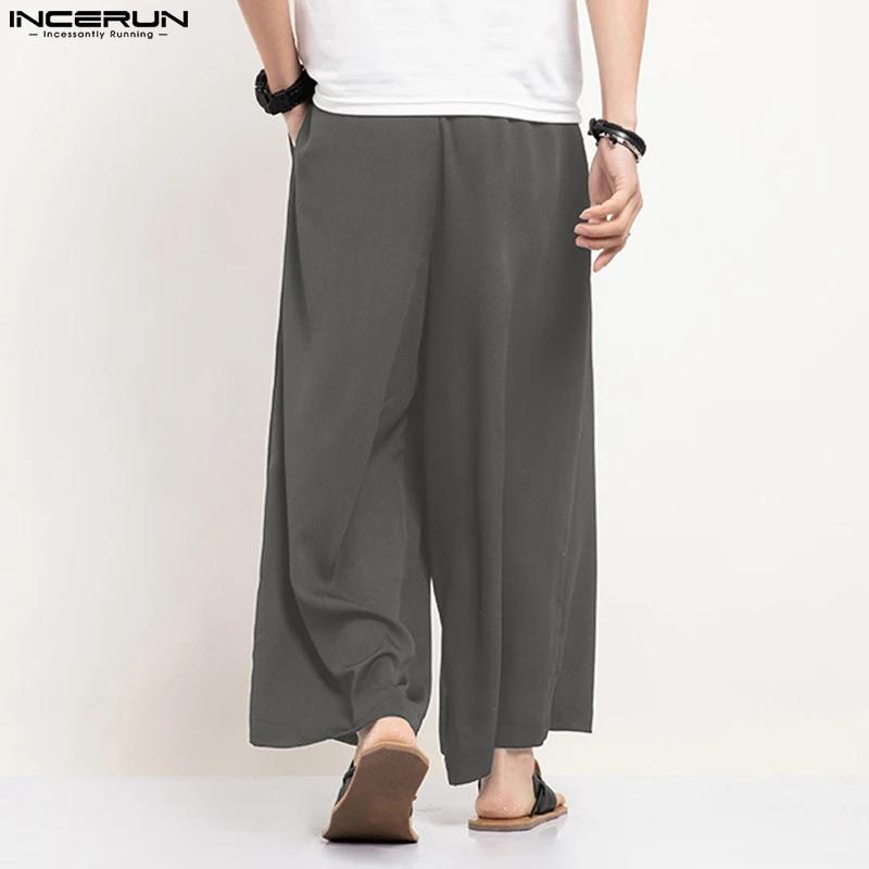 INCERUN hommes pantalons à jambes larges couleur unie jogging ample taille élastique pantalon hommes