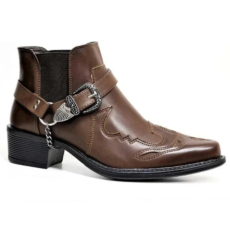 Mode 2025 hommes Vintage Cowboy bottes en cuir haut chaîne boucle sangle Punk chaussures bout pointu