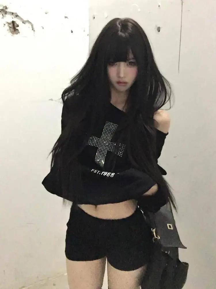 Sweat-shirt à capuche noir à manches longues pour femme, vêtement Harajuku Grunge des années 2000, a