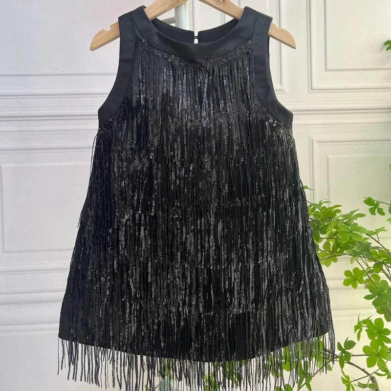 Nouvelle Robe Sans Manches à Paillettes et Franges pour Filles 2026 – Tenue de Cérémonie Scintillant