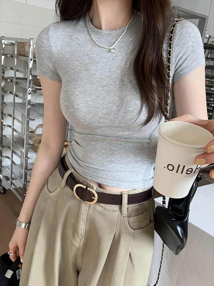 Haut court basique à manches courtes et col rond pour femme, T-shirt slim, décontracté, y2k, Vintage