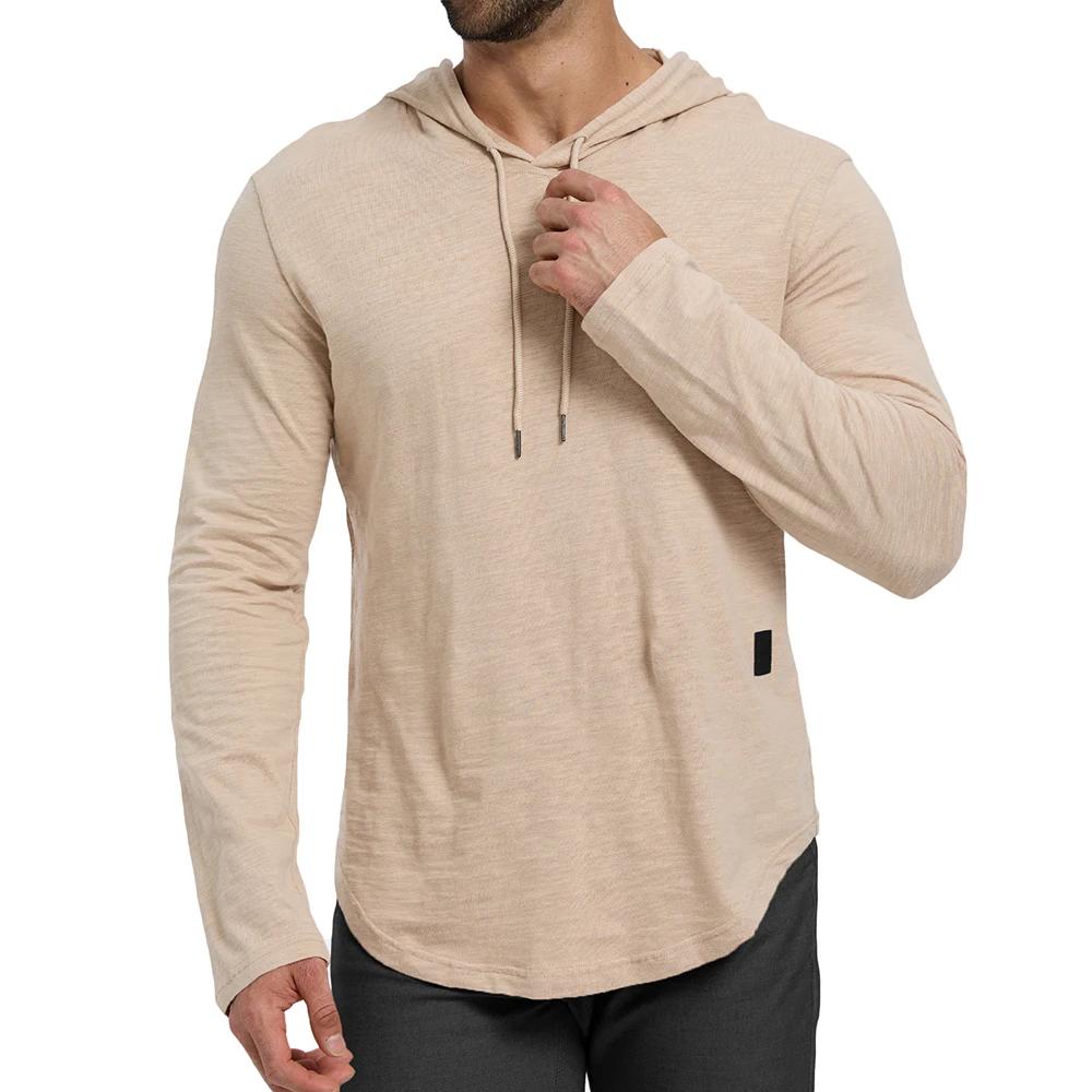 T-shirt à manches longues pour hommes, couleur unie, design à capuche, respirant, léger, avec cordon