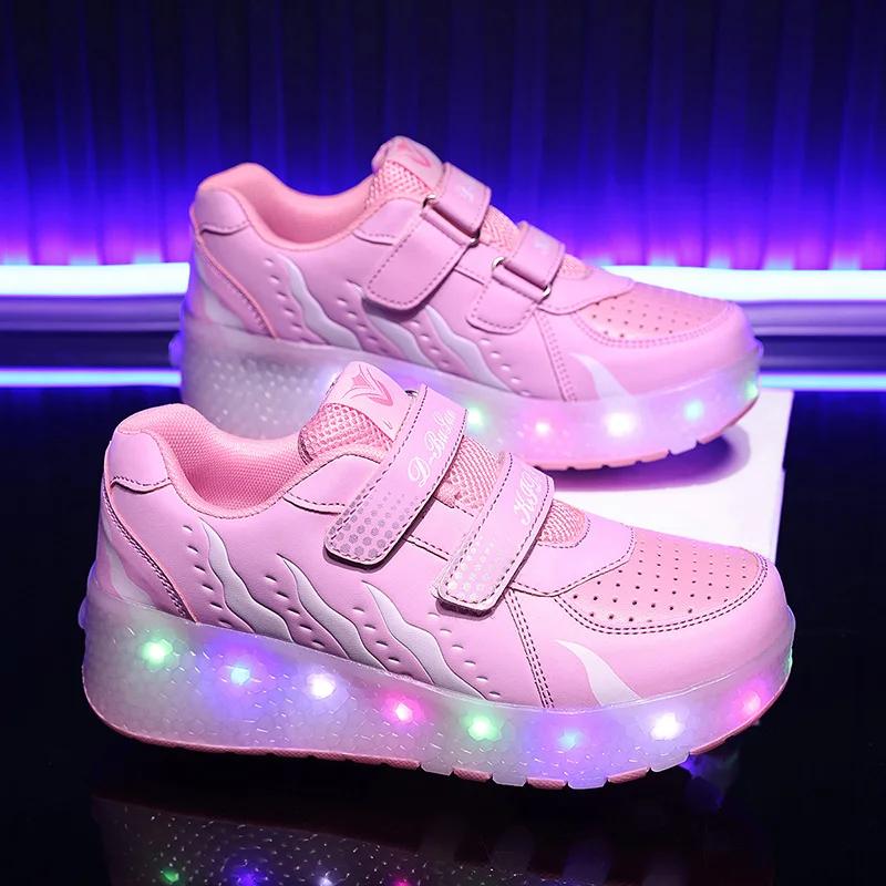 Baskets lumineuses à deux roues pour enfants, chaussures à roulettes avec lumière LED rose, chaussur