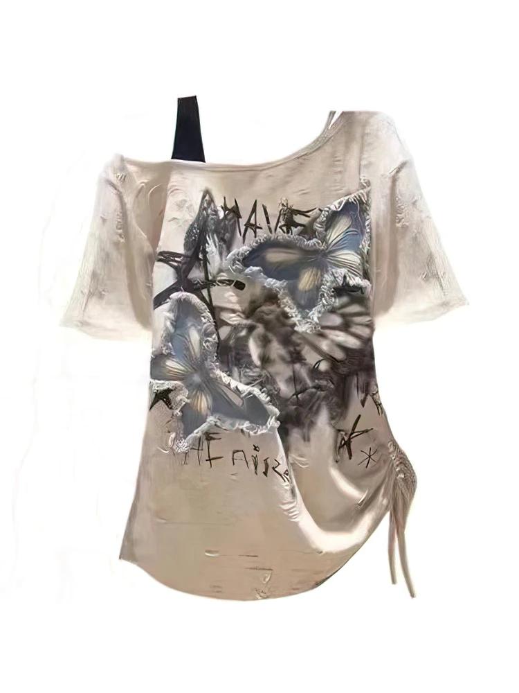 Vintage Y2k été épaules dénudées surdimensionné graphique t-shirt femmes 2000s Chic à manches courte