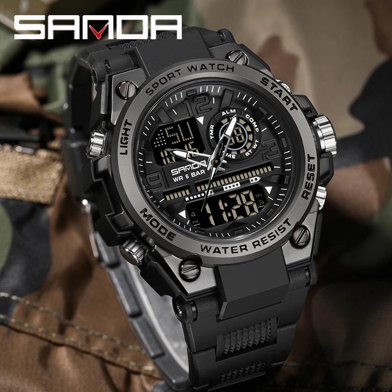 SANDA hommes sport montres à Quartz double affichage LED électronique numérique montres étanche mont
