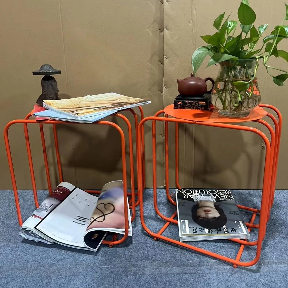 Table basse Vintage en métal Orange, 2 étagères, aucun assemblage requis, cadre robuste pour décorat