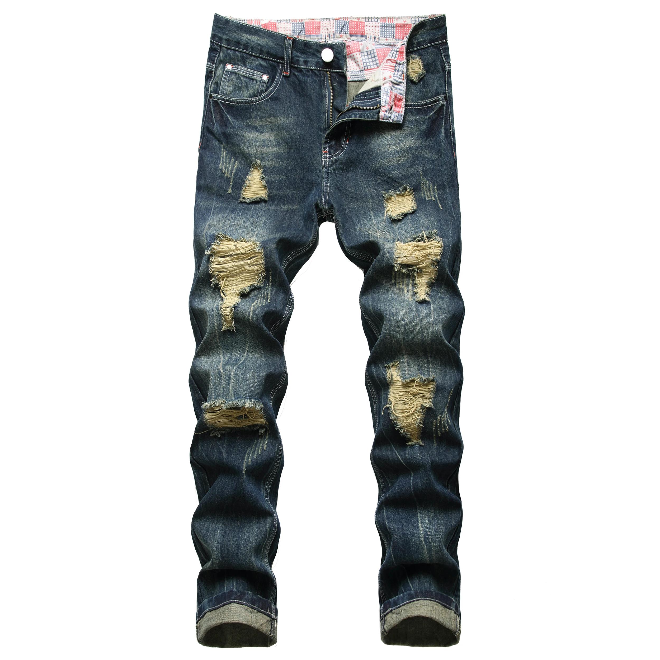 Jeans en denim bleu foncé pour hommes avec trous, ceinture avec coupe droite et non commandée, jeans