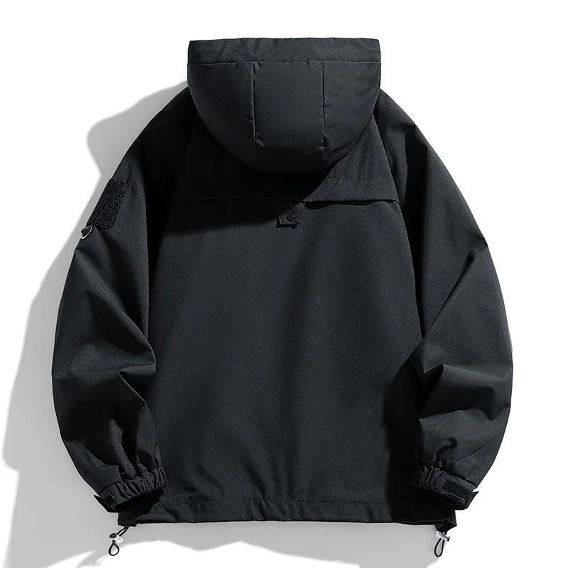 Coupe-vent hommes veste à capuche manteau à glissière Cargo imperméable noir Bomber Camping ample mi