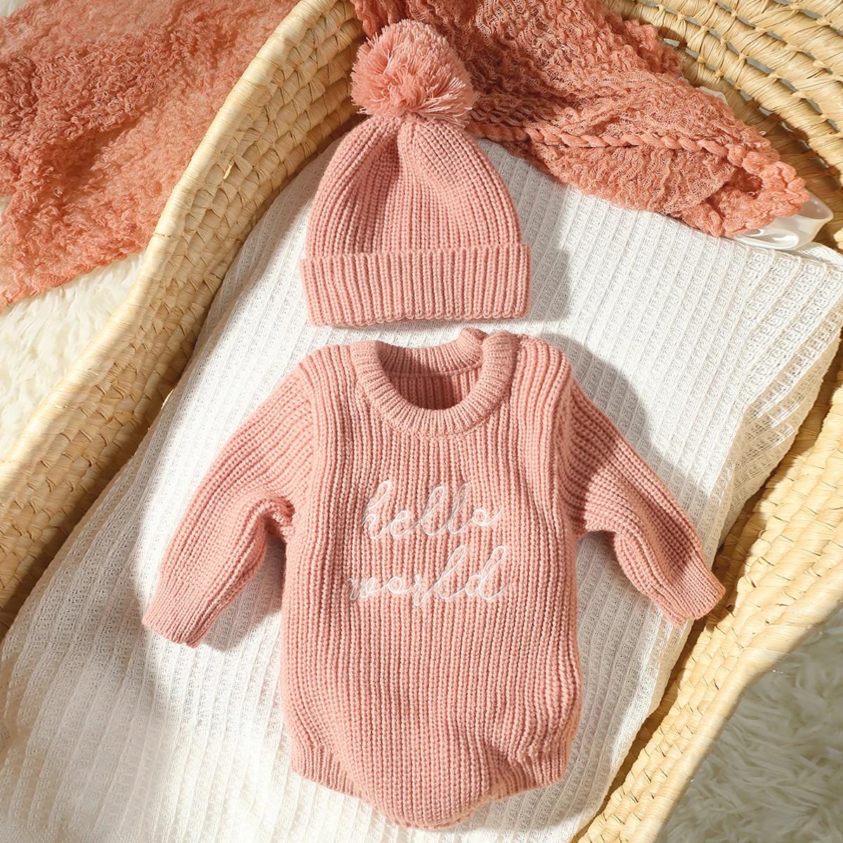 Ylsteed Hello World tricot nouveau-né photographie barboteuse avec chapeau à pompon assorti bébé gar