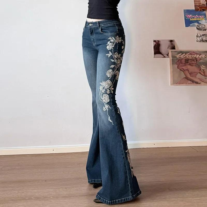 Jean Baggy rétro Y2k pour femmes, broderie florale, Vintage des années 2000, taille basse, pantalon 