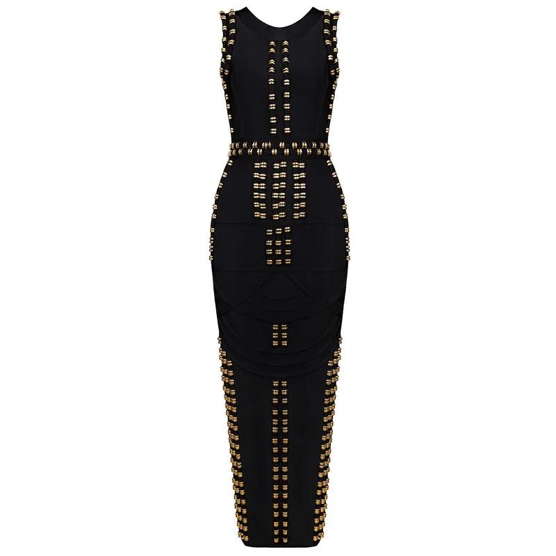 Style classique femmes sans manches col rond Sexy moulante pansement longue robe célébrité mode tapi