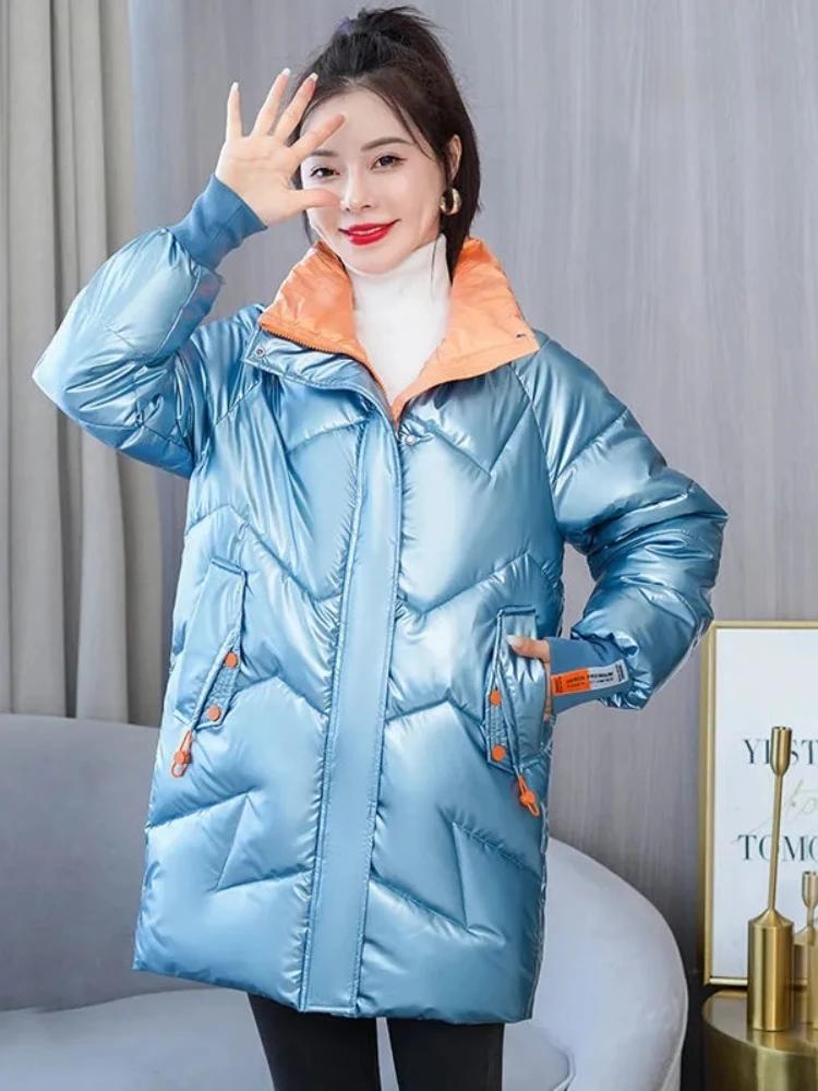 Parka courte brillante en coton rembourré pour femme, manteau décontracté, veste optique chaude, par