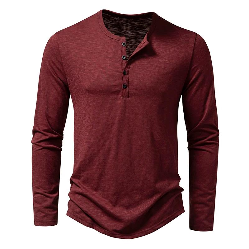 Nouveau hommes coton Henley t-shirt à manches longues T-Shirts basique décontracté bouton col respir