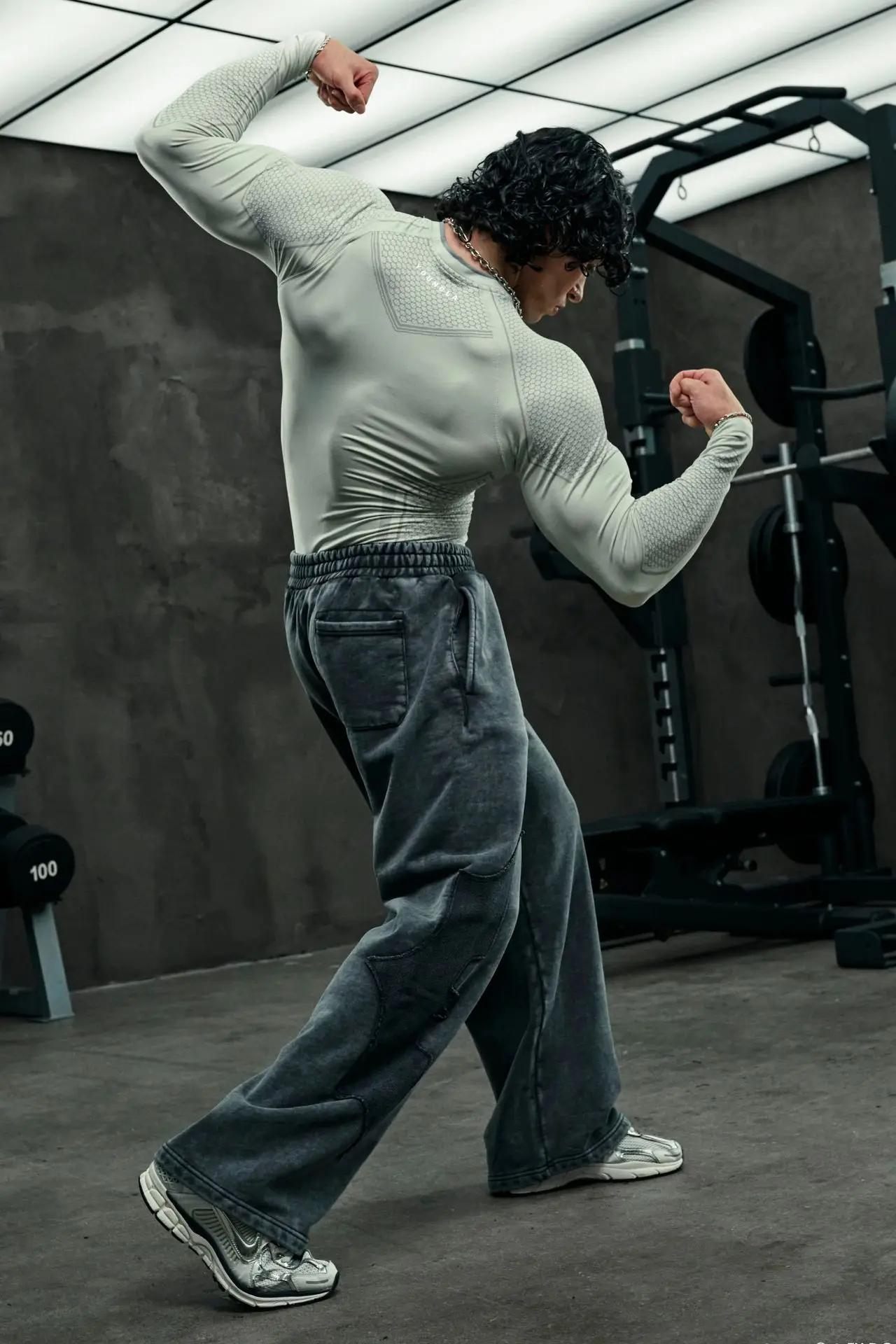 Été nouveaux hommes serré manches longues survêtement salle de sport sport Fitness sensation de glac