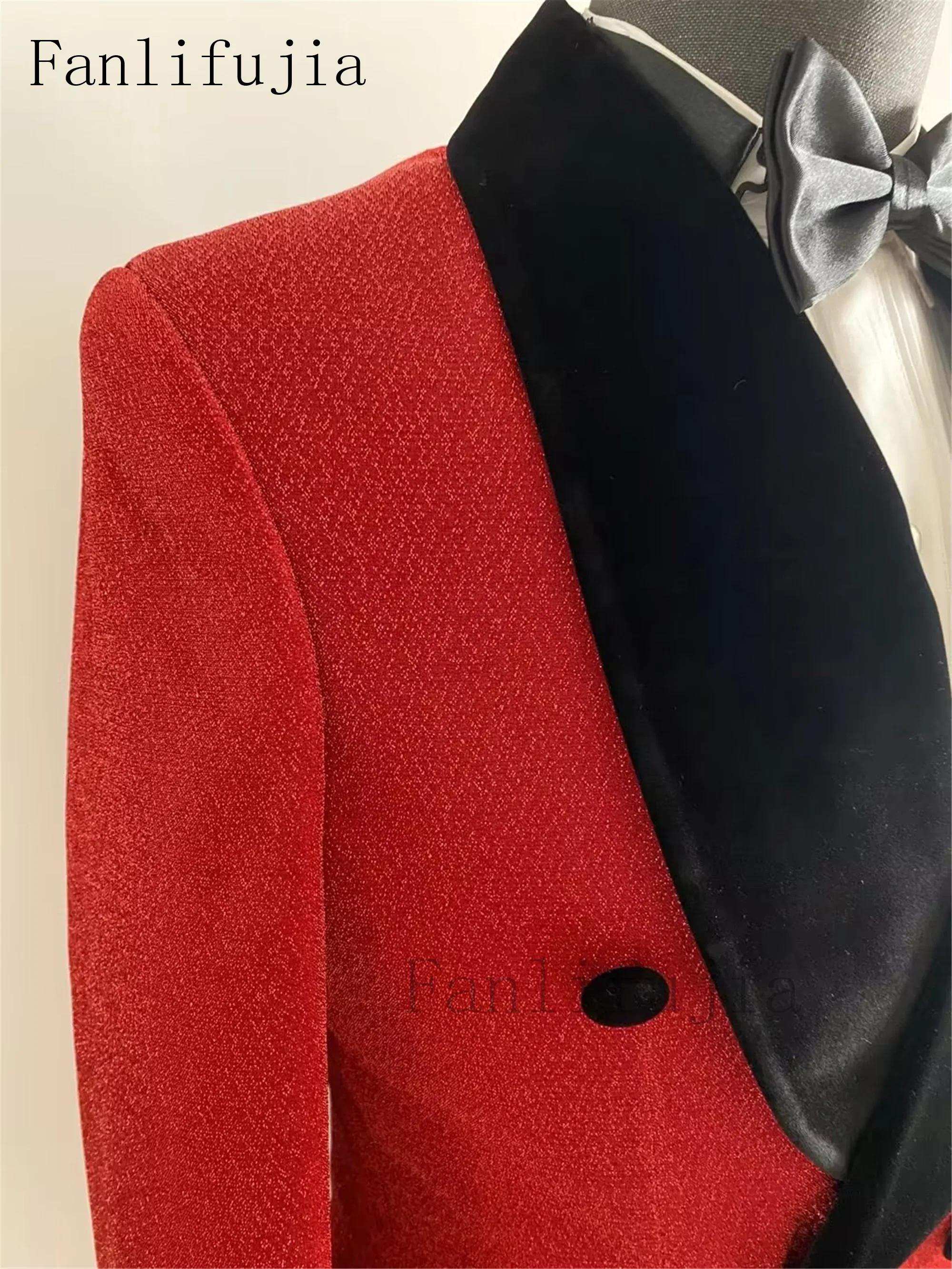 Fanlifujia luxe rouge paillettes costumes hommes marié mariage smoking Double boutonnage Blazer form