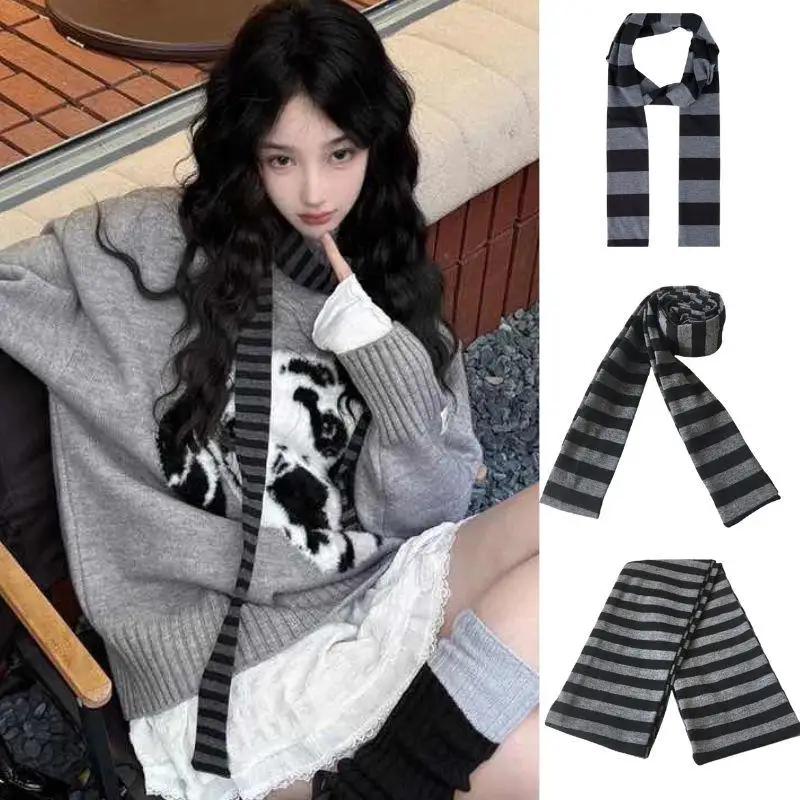 Y2K noir gris rayé écharpe pour femmes coton longue écharpe tour de cou écharpe Punk maigre mince co