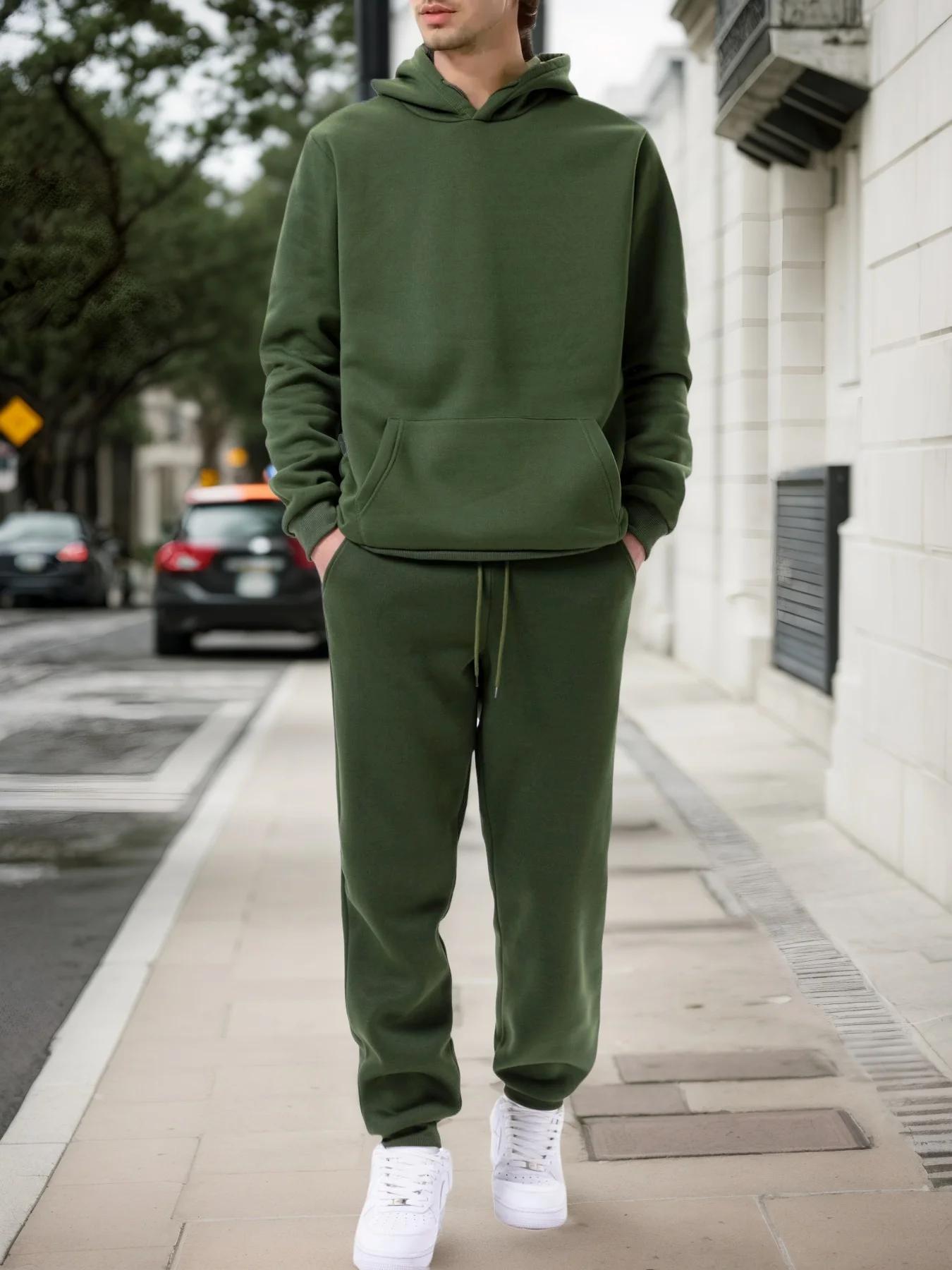 Sweat à capuche + pantalon de jogging pour hommes, couleur unie, ensemble deux pièces, à la mode, vê