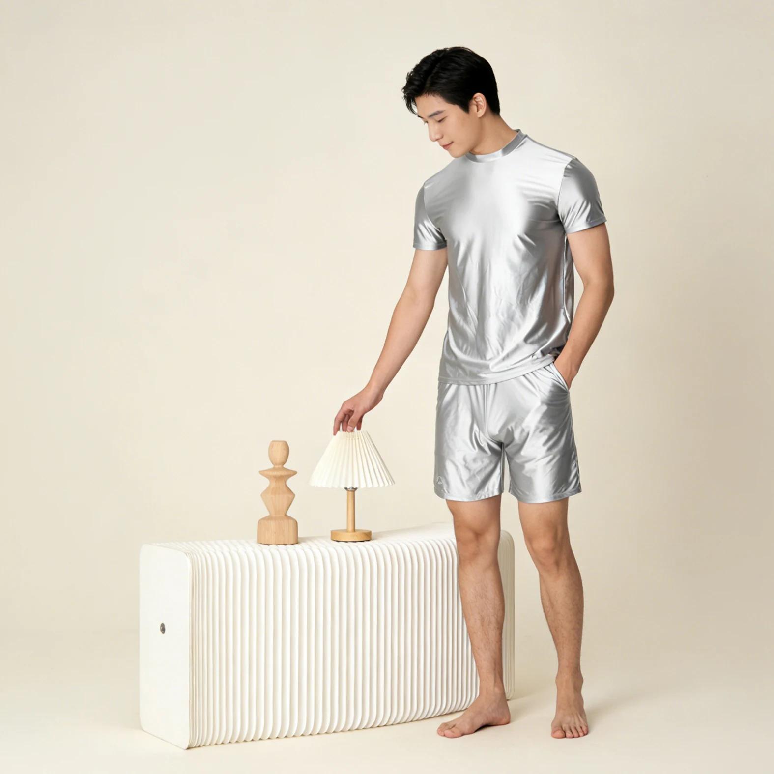 AMORESY T-shirt à manches courtes en soie glacée pour homme, respirant, confortable, décontracté, po