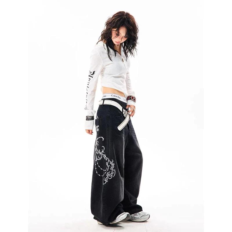 YIBASHU femmes Vintage broderie Y2K Baggy jean femme taille haute 2000s jambe large Denim pantalon a