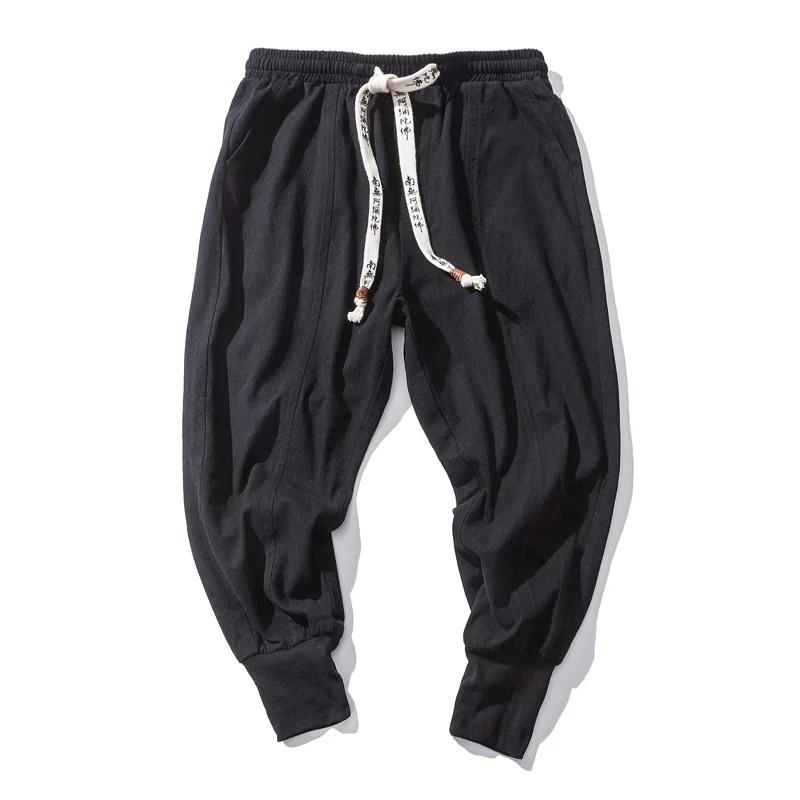 Pantalon sarouel en coton et lin pour hommes, couleur unie, taille élastique, Streetwear, jogging, B