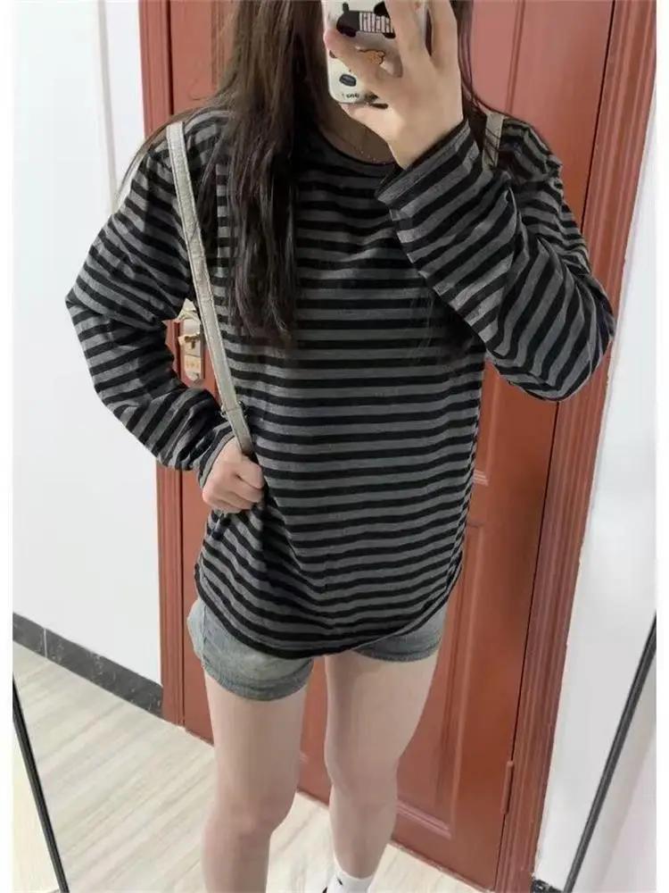 T-shirt manches longues pour femmes, vêtements japonais Y2k, hauts rayés, ample et fin, Grunge des a