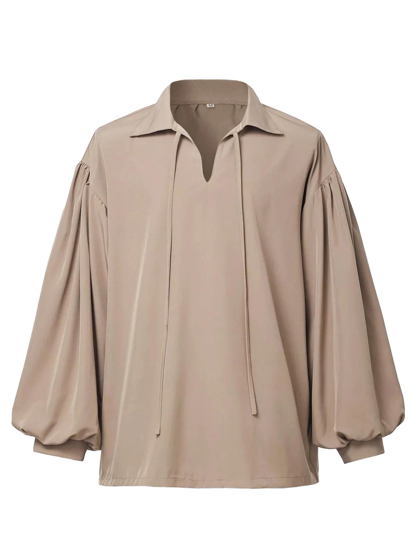 Chemise pirate rétro médiévale à col en V pour hommes – Beige, coupe ample avec manches tombantes, h