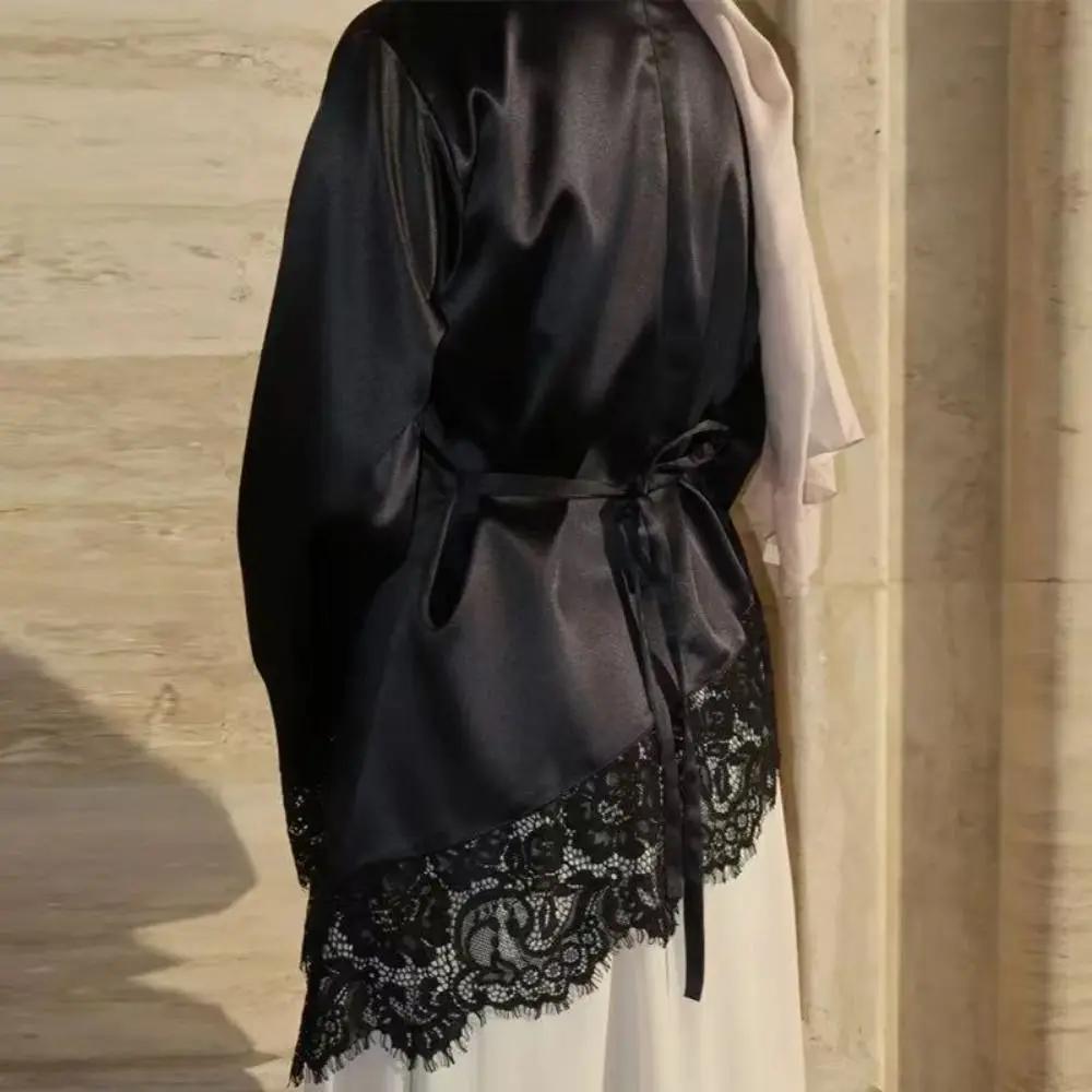 Chemisier en satin à taille ceinturée, patchwork de dentelle, manches évasées, couleur unie, à lacet