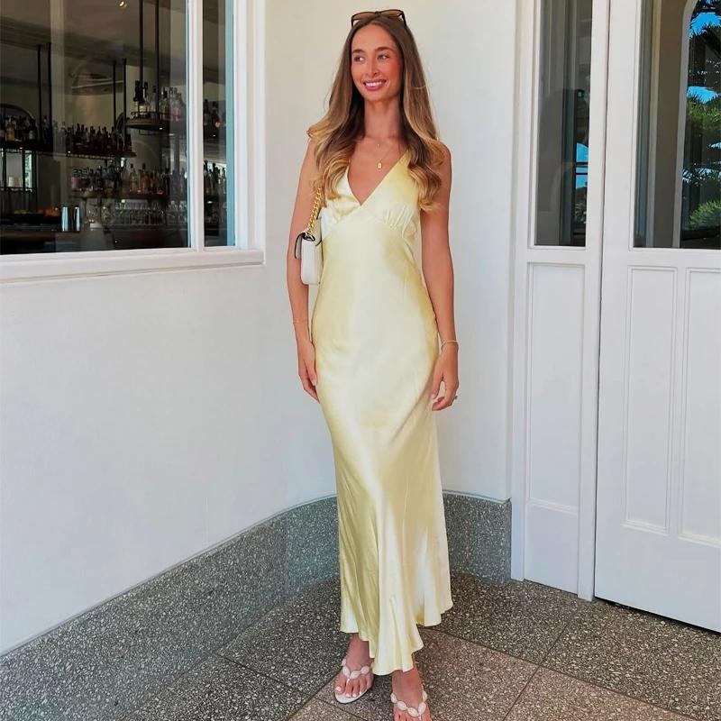 HXAO robes jaunes femmes Satin col en V robe mi-longue été dos nu sangle robes de soirée élégante ro