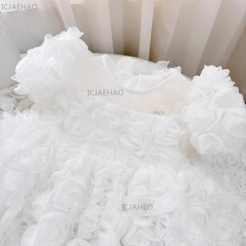 Robe de princesse blanche 2026 pour enfants, à manches courtes bouffantes, motif floral 3D, pour fêt