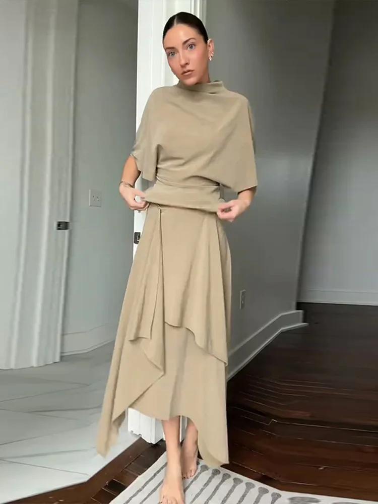 Ensemble élégant chemise asymétrique et jupe pour femme – Chemises unies à manches courtes et col ro