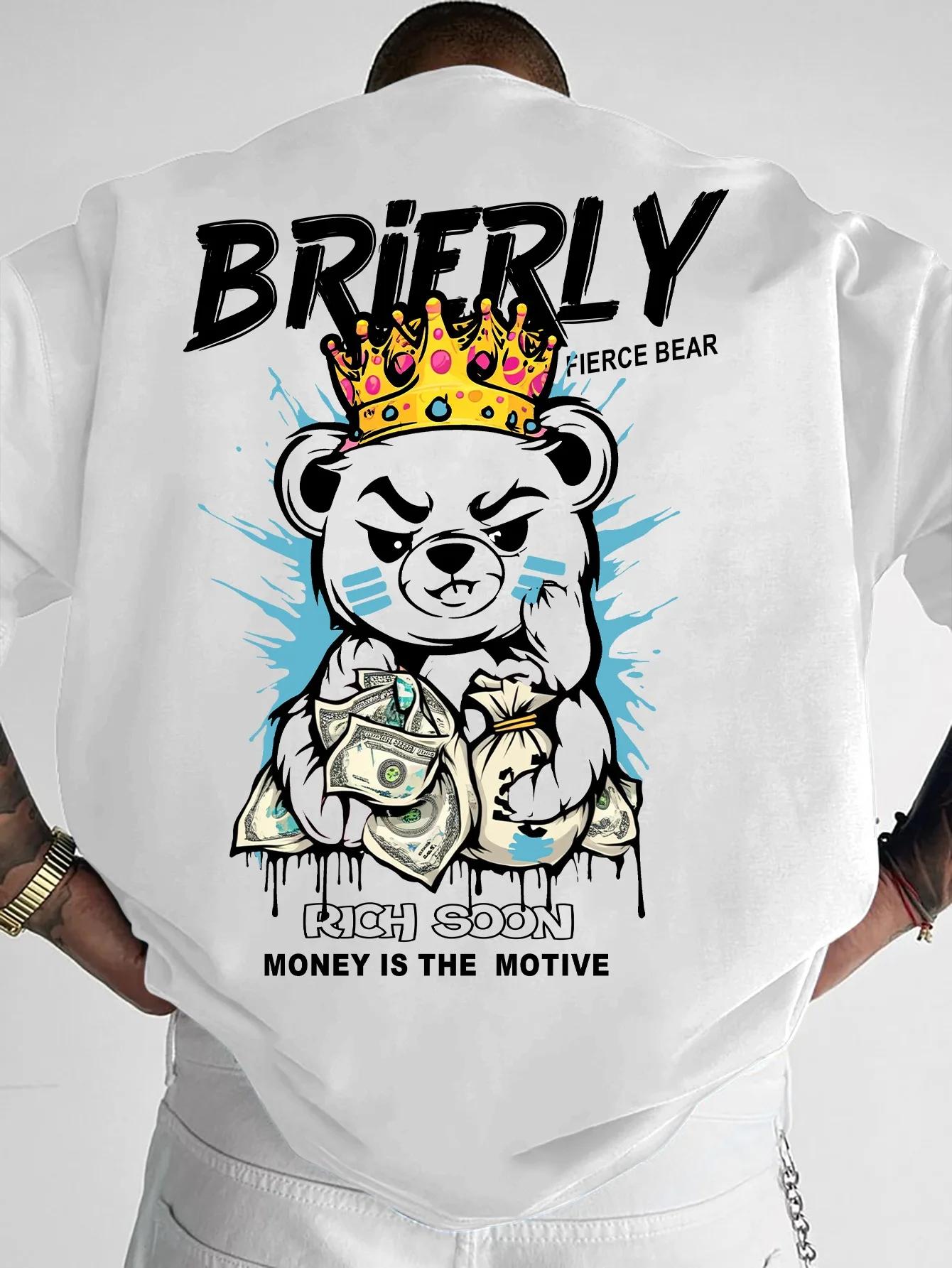T-shirt col rond pour hommes, confortable et respirant, à la mode, ours en peluche, lettre de riches