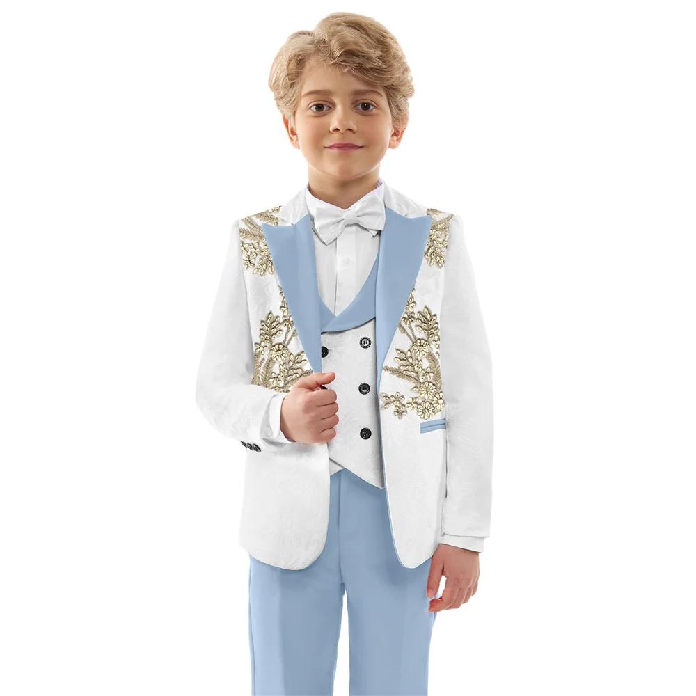 Costumes Jacquard pour garçons, 4 pièces, tenue porteur d'anneau de mariage, ensemble de costume exq