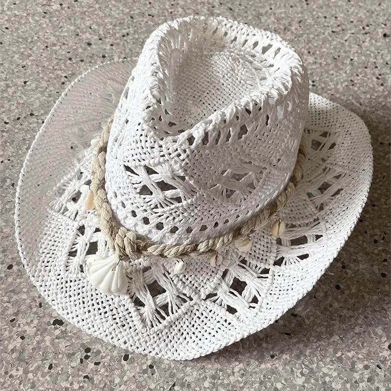 Chapeau de paille tissé à la main pour femmes, 1 pièce, décoration de coquille, chapeau de soleil de